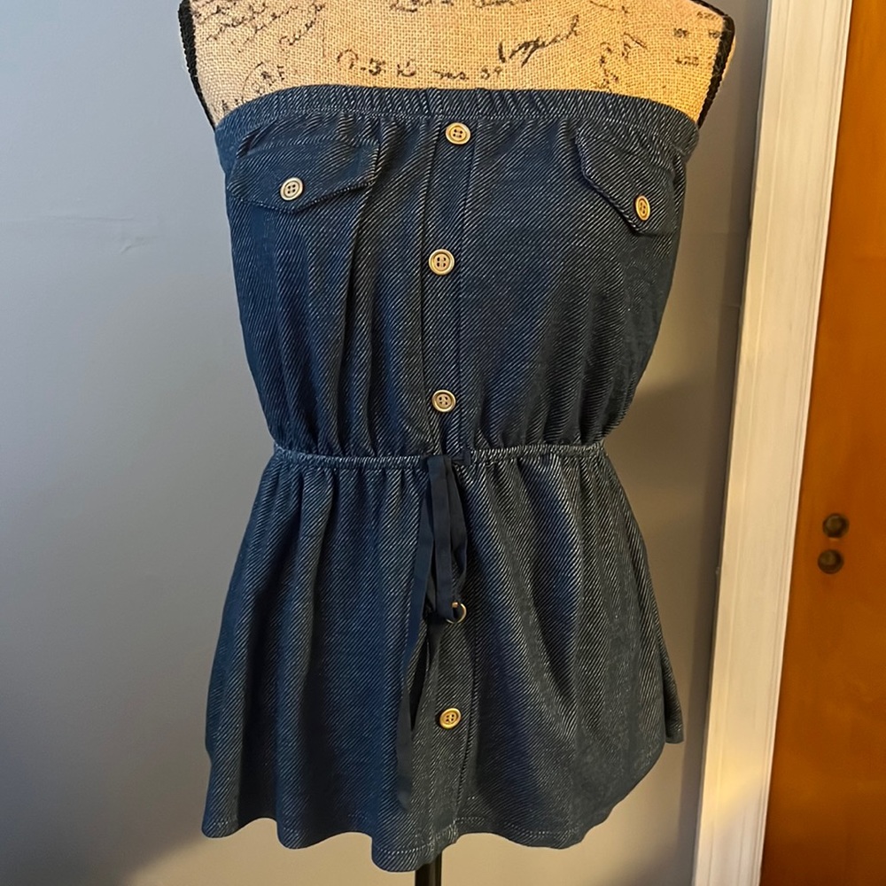Boutique Mine Faux Denim Blouse with Cinched Waist with Tie Size S